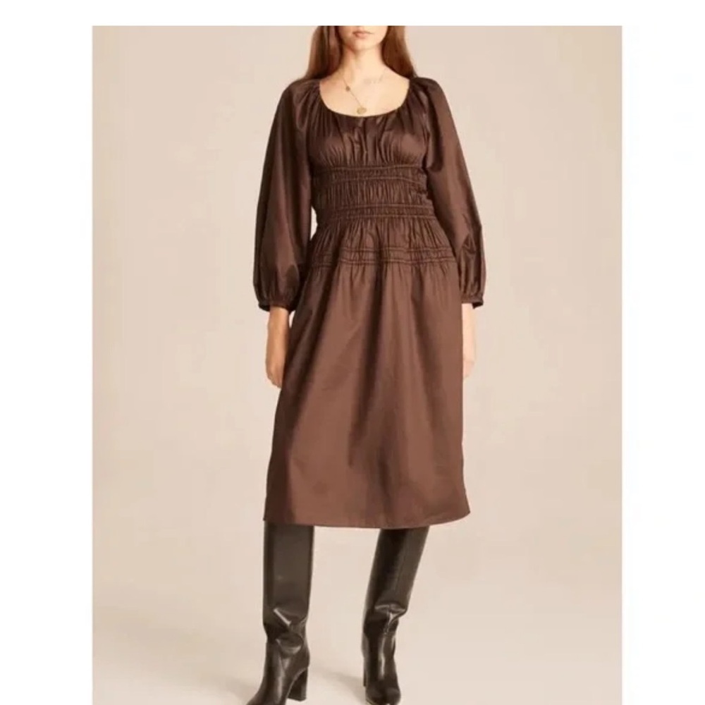 Rebecca Taylor smocked puff-sleeve midi dress in peat brown cotton